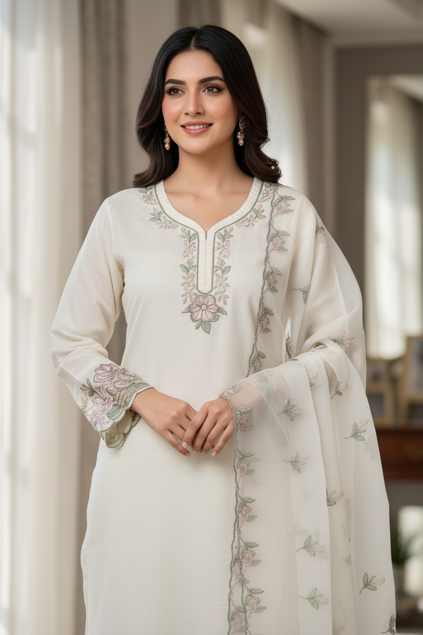 Vatican Silk, Heavy Embroidered Floral Design Suit, Organza Dupatta - Off-White