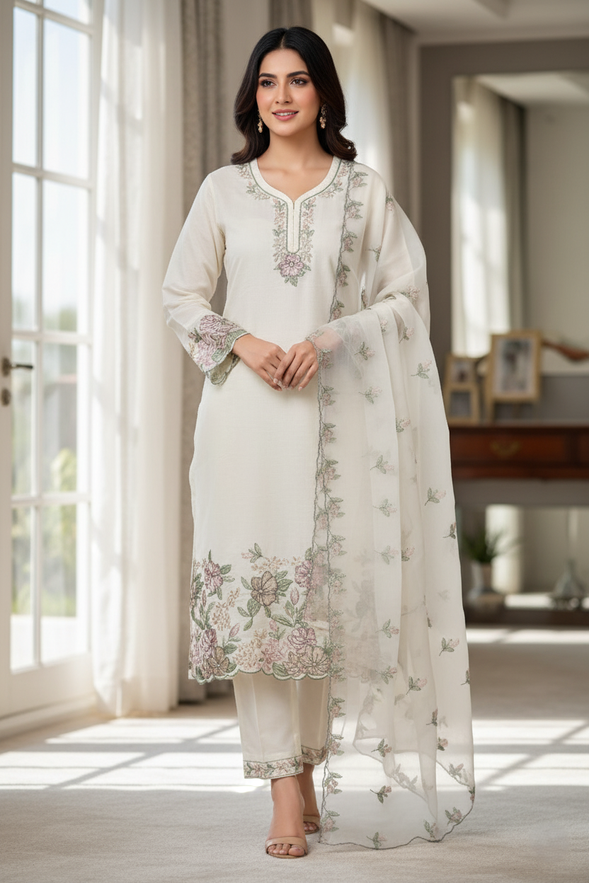 Vatican Silk, Heavy Embroidered Floral Design Suit, Organza Dupatta - Off-White