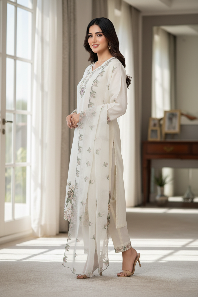 Vatican Silk, Heavy Embroidered Floral Design Suit, Organza Dupatta - Off-White