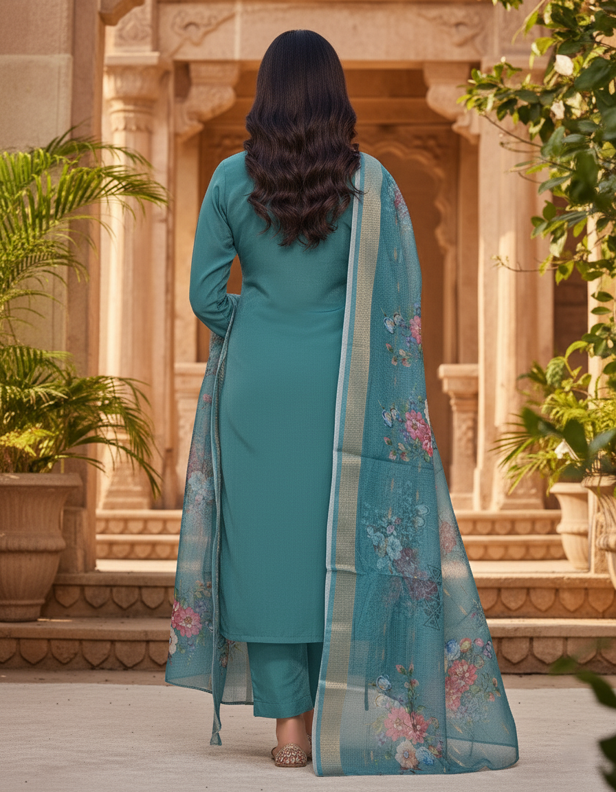 Embroidered Pure Vichitra Silk Premium Designer Suit - Dark Cyan