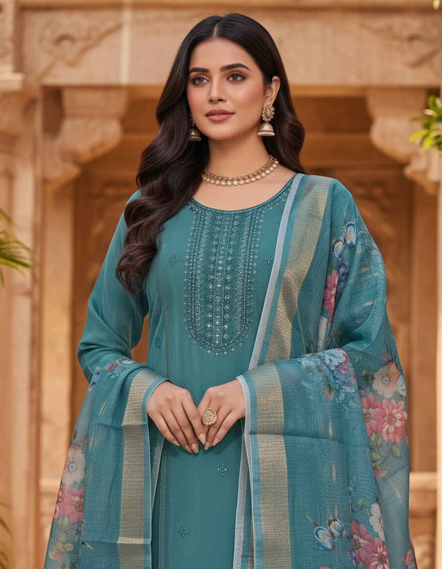 Embroidered Pure Vichitra Silk Premium Designer Suit - Dark Cyan