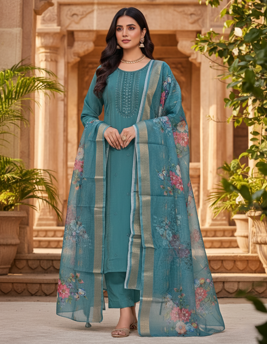 Embroidered Pure Vichitra Silk Premium Designer Suit - Dark Cyan