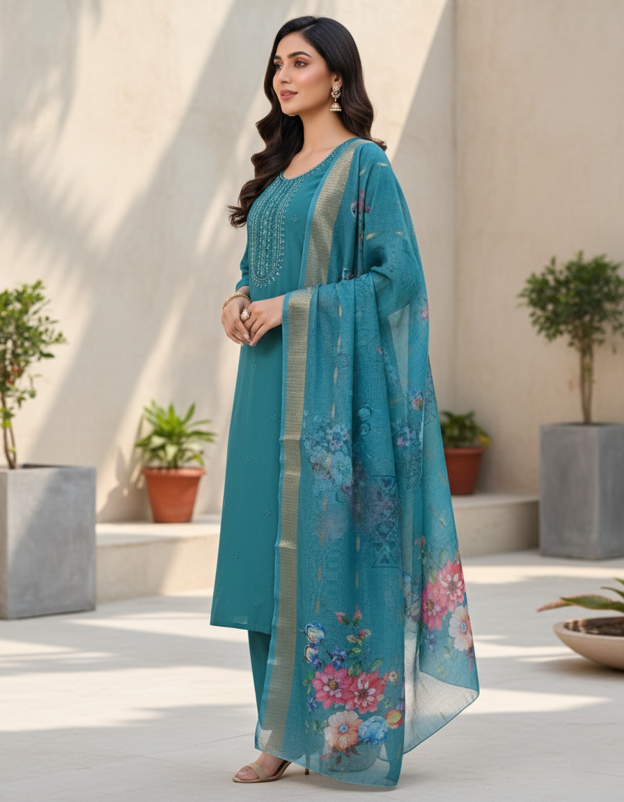 Embroidered Pure Vichitra Silk Premium Designer Suit - Dark Cyan