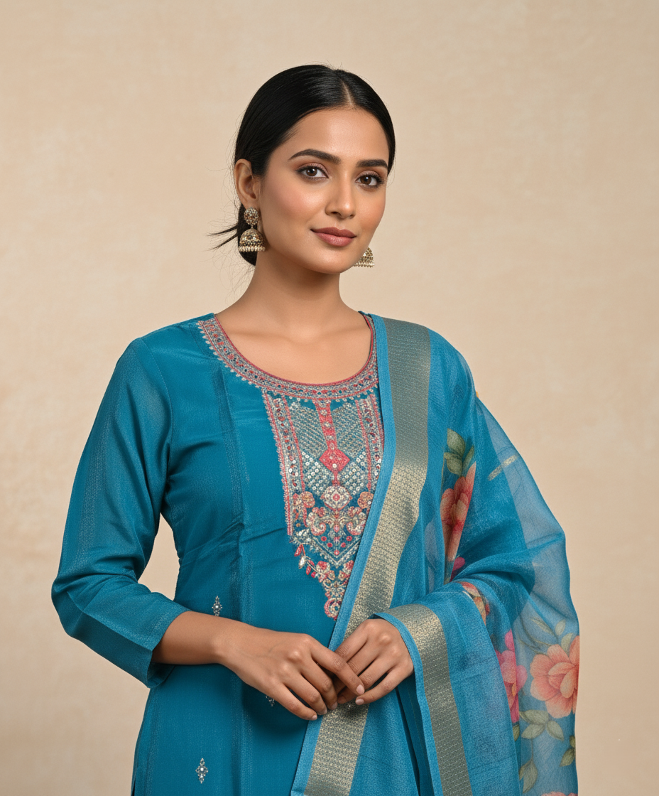 Embroidered Pure Vichitra Silk Premium Designer Suit - Blue