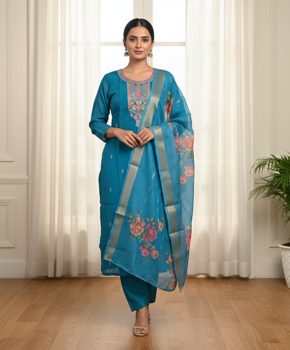 Embroidered Pure Vichitra Silk Premium Designer Suit - Blue