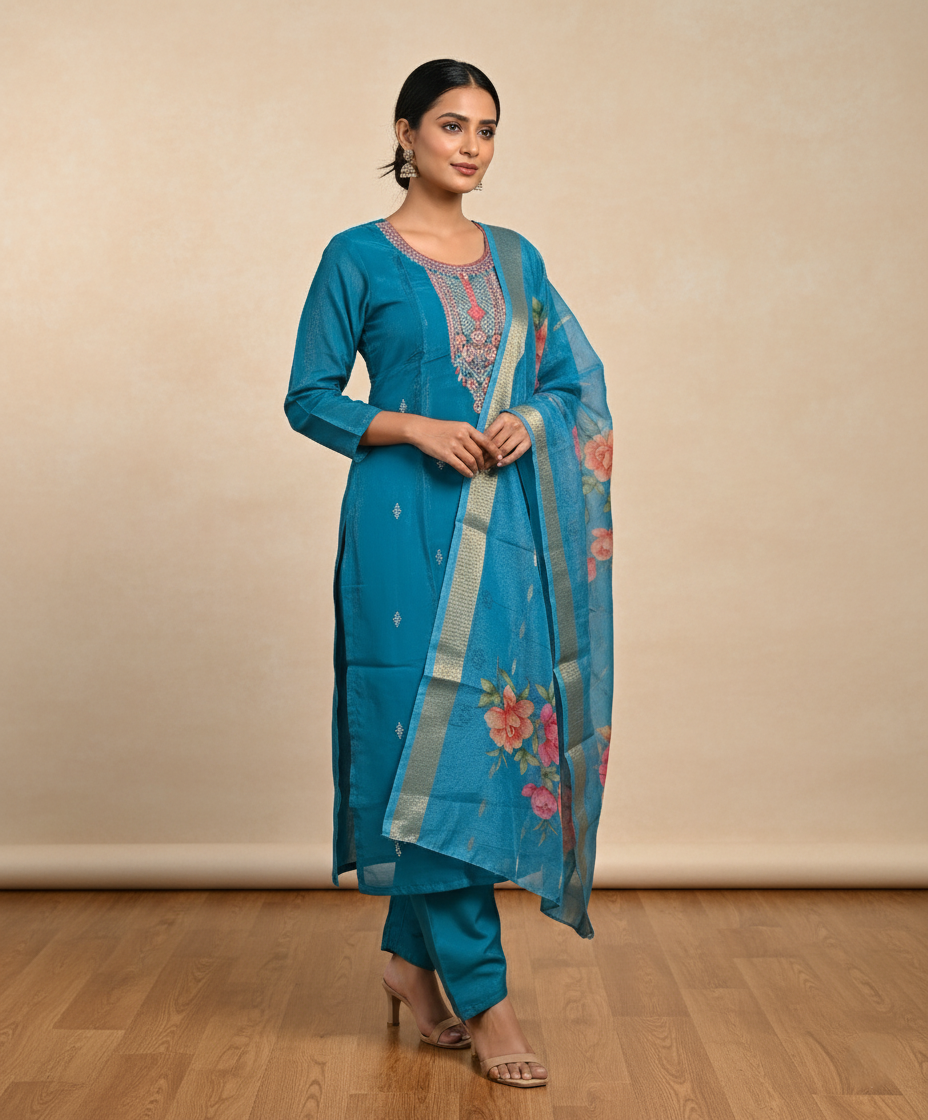 Embroidered Pure Vichitra Silk Premium Designer Suit - Blue
