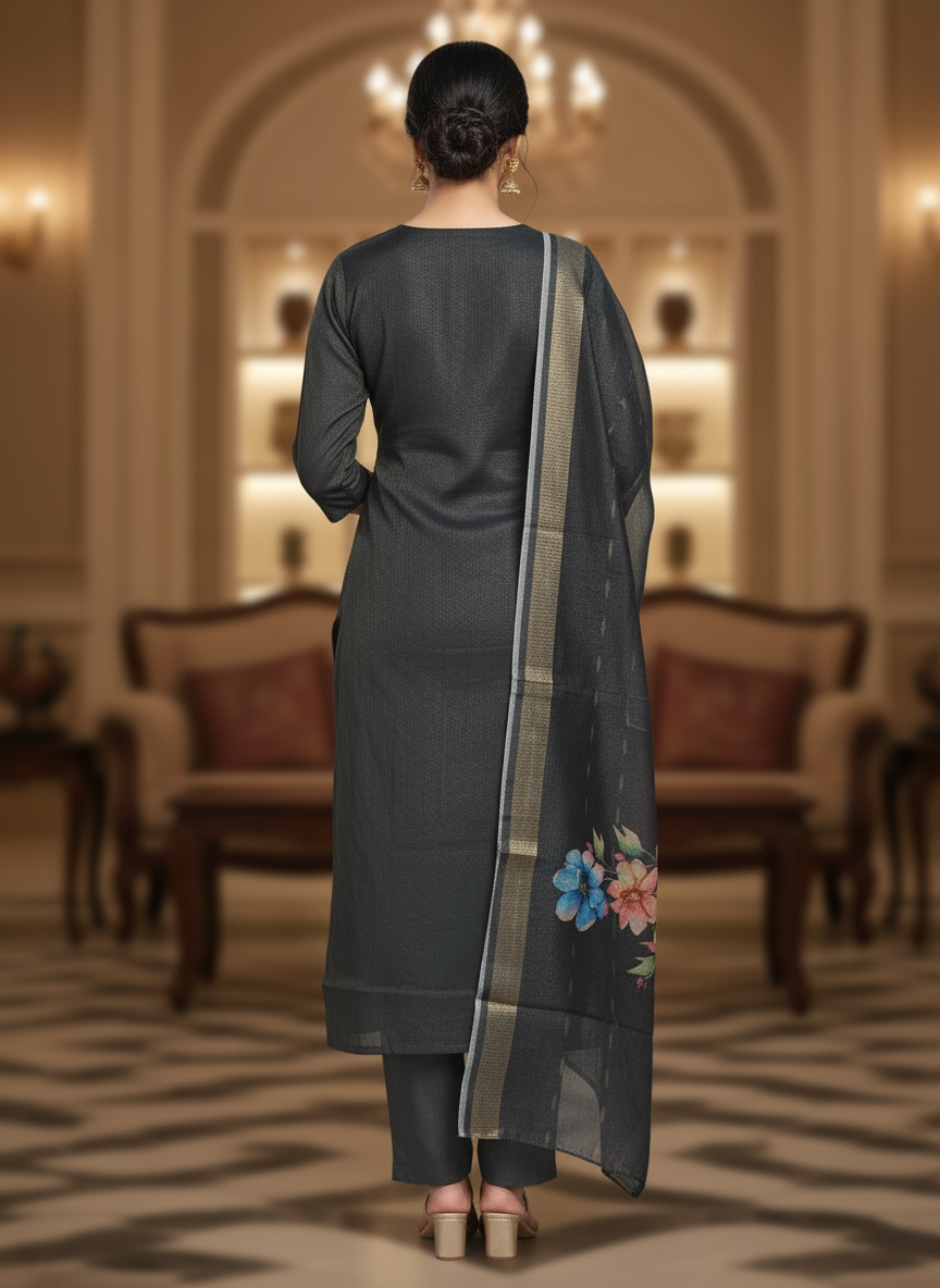 Embroidered Pure Vichitra Silk Premium Designer Suit - Charcoal Grey