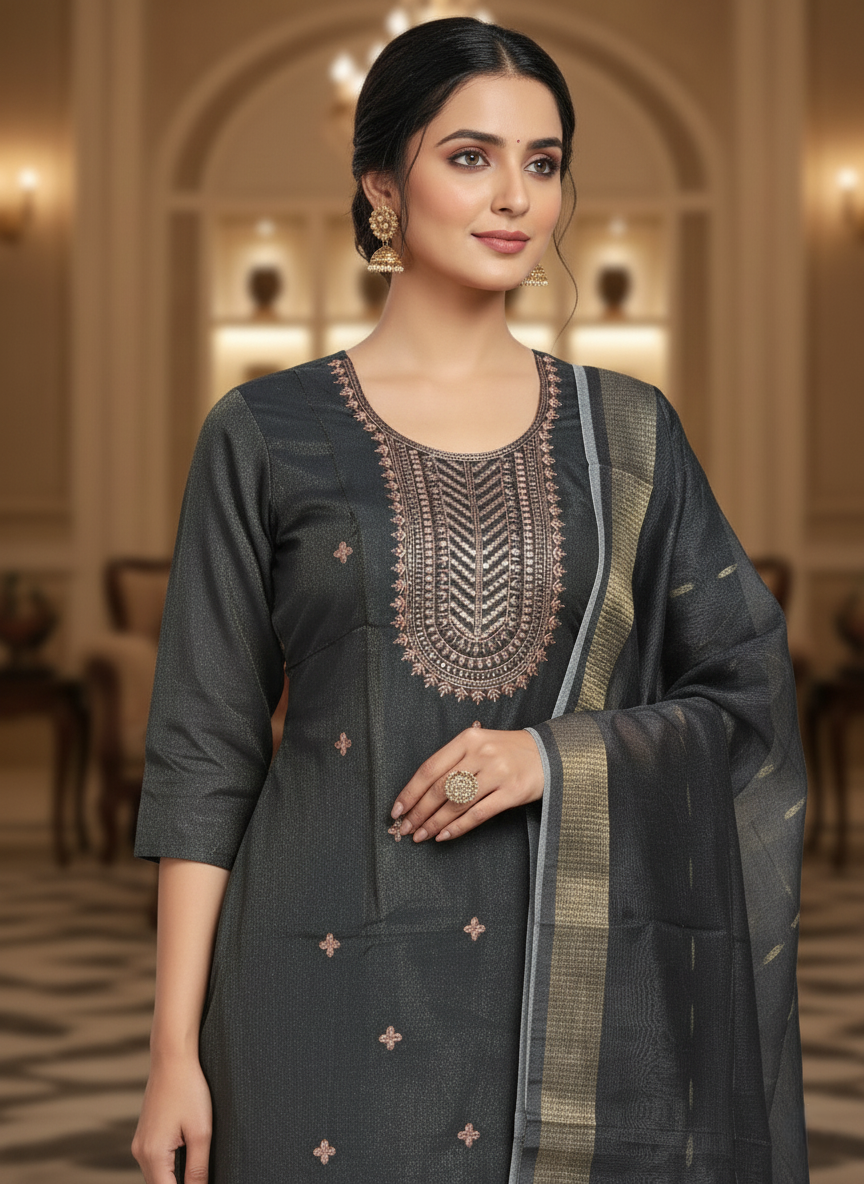 Embroidered Pure Vichitra Silk Premium Designer Suit - Charcoal Grey
