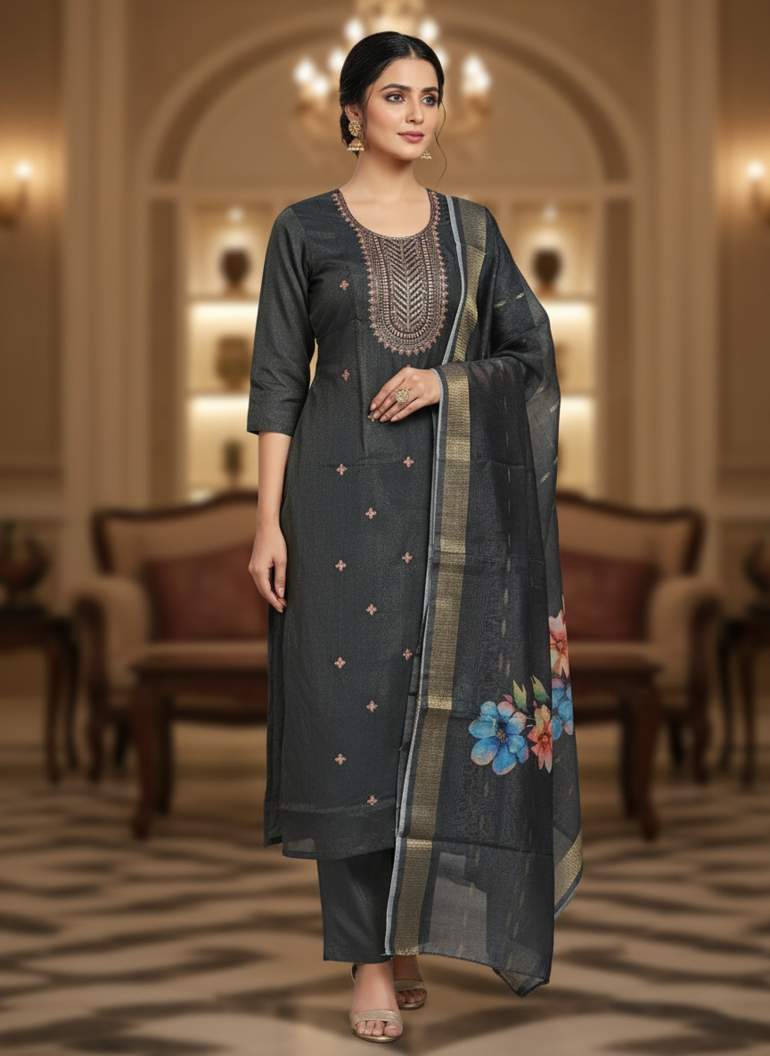 Embroidered Pure Vichitra Silk Premium Designer Suit - Charcoal Grey