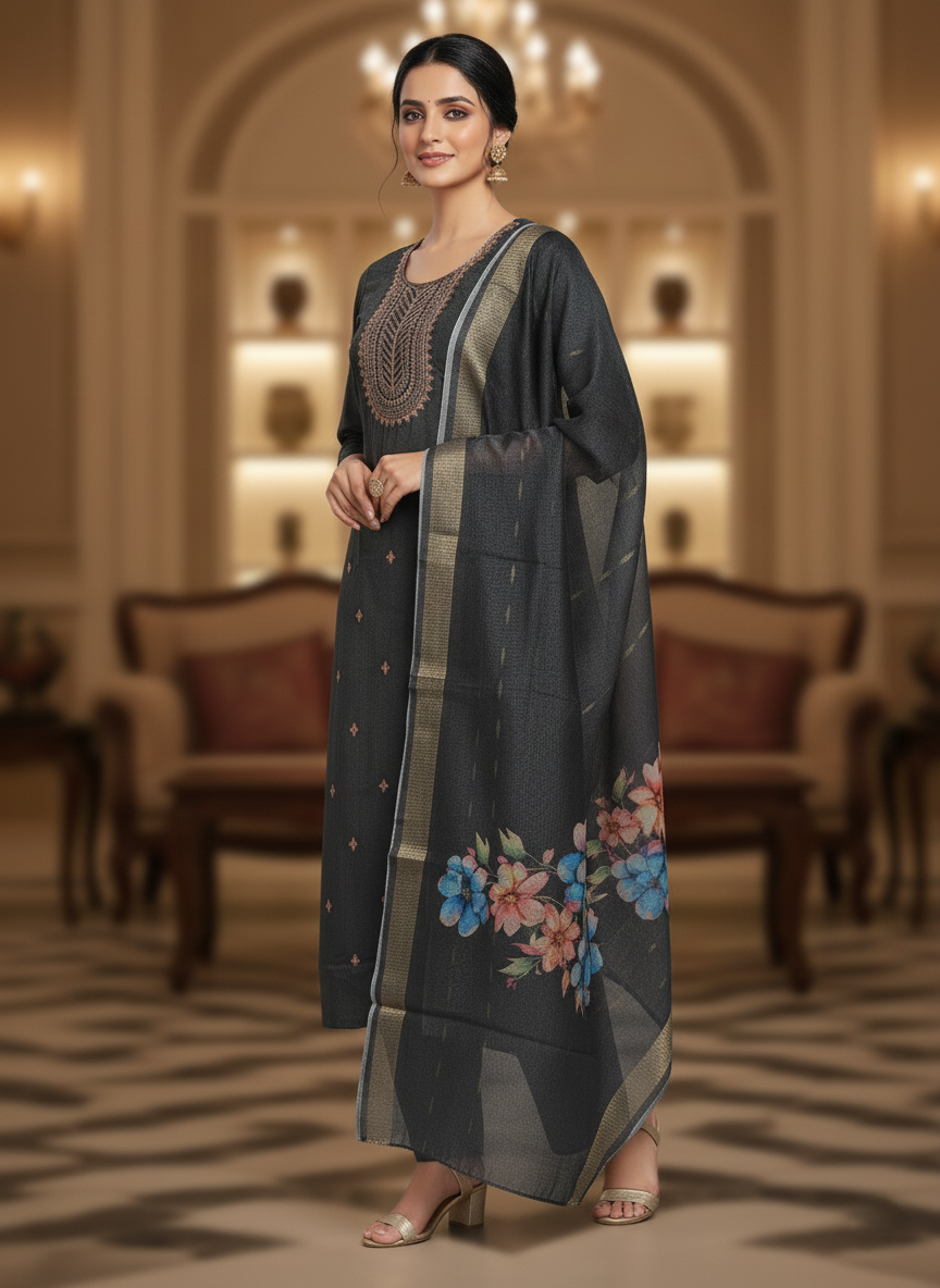 Embroidered Pure Vichitra Silk Premium Designer Suit - Charcoal Grey