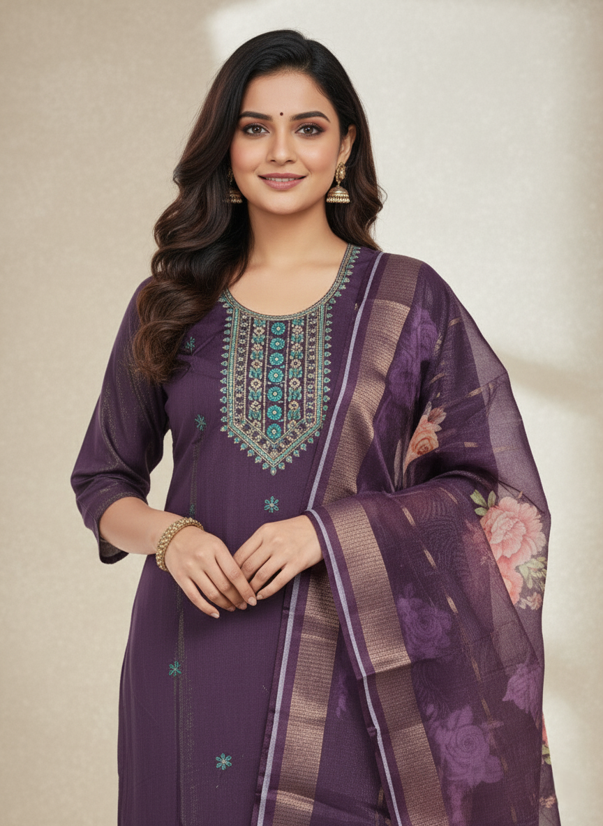 Embroidered Pure Vichitra Silk Premium Designer Suit - Dark Purple