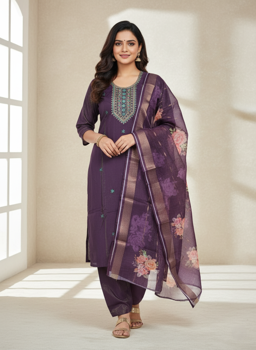 Embroidered Pure Vichitra Silk Premium Designer Suit - Dark Purple