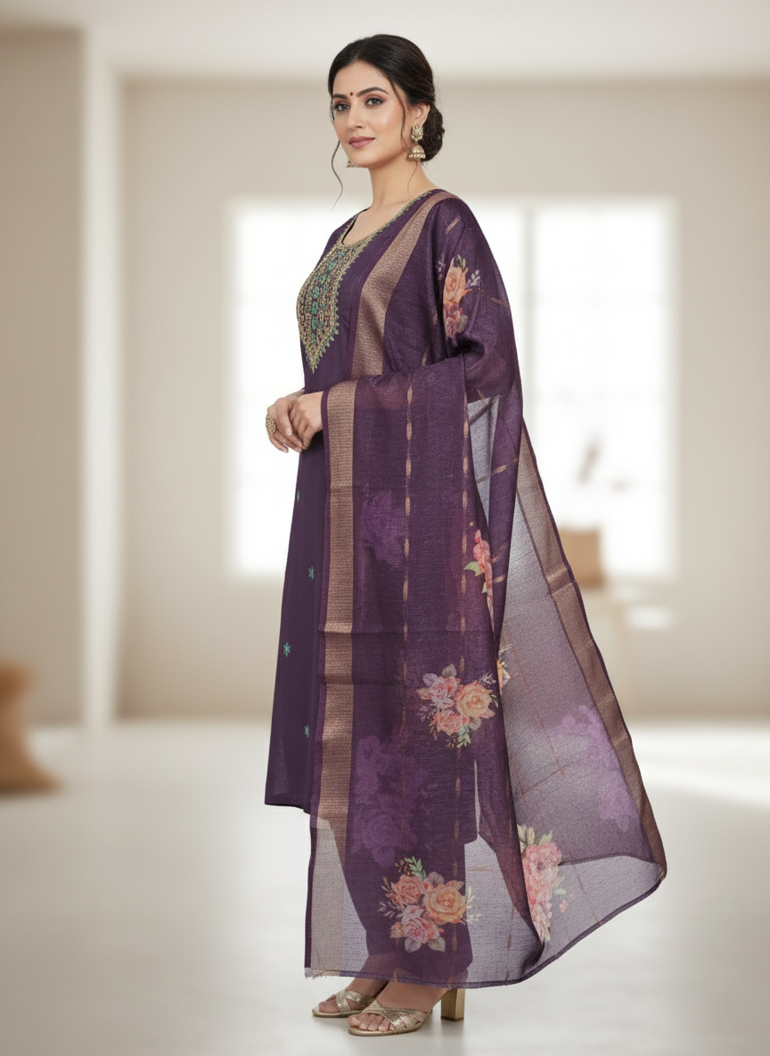 Embroidered Pure Vichitra Silk Premium Designer Suit - Dark Purple