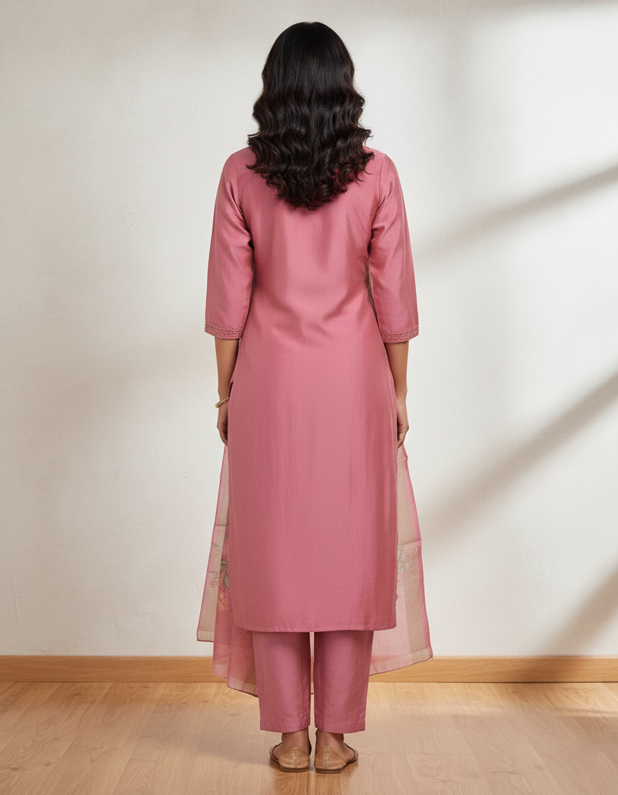 Embroidered Pure Vichitra Silk Premium Designer Suit - Rose