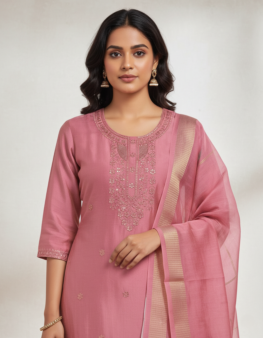 Embroidered Pure Vichitra Silk Premium Designer Suit - Rose