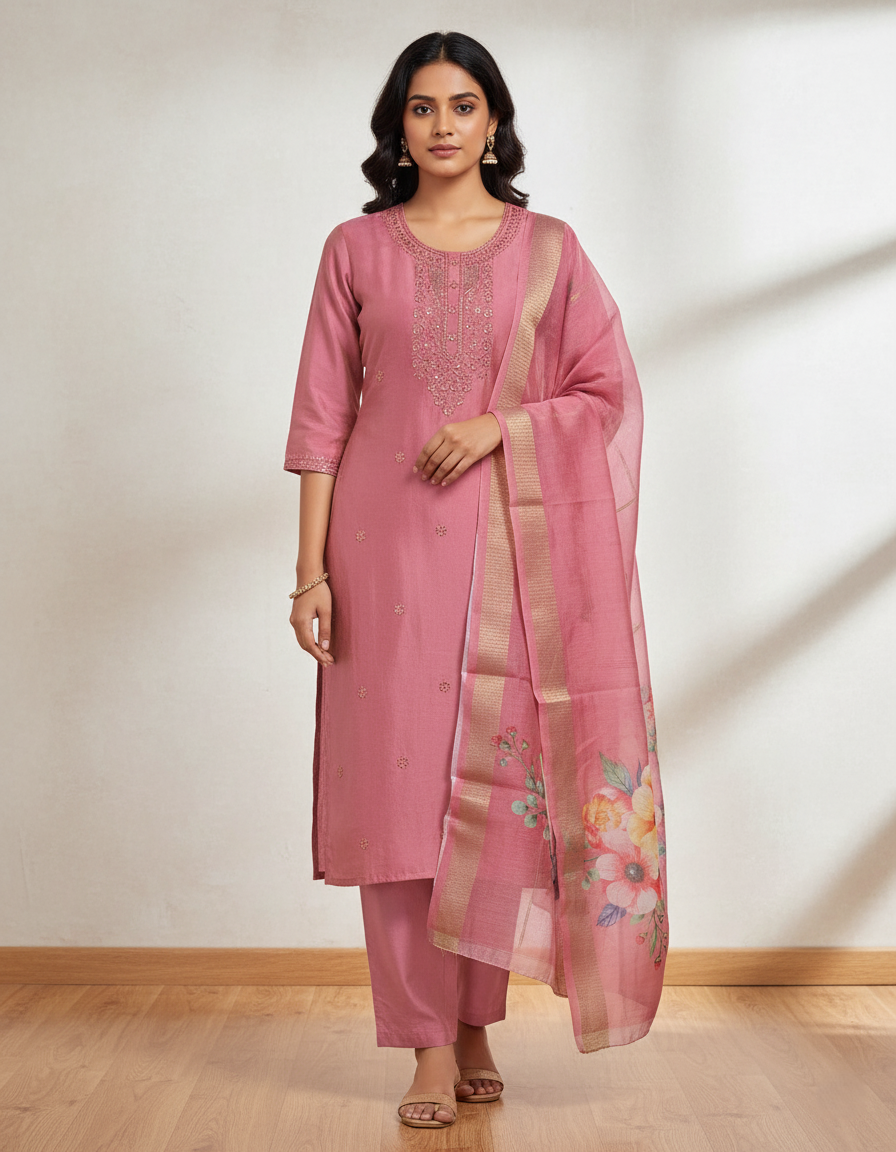 Embroidered Pure Vichitra Silk Premium Designer Suit - Rose