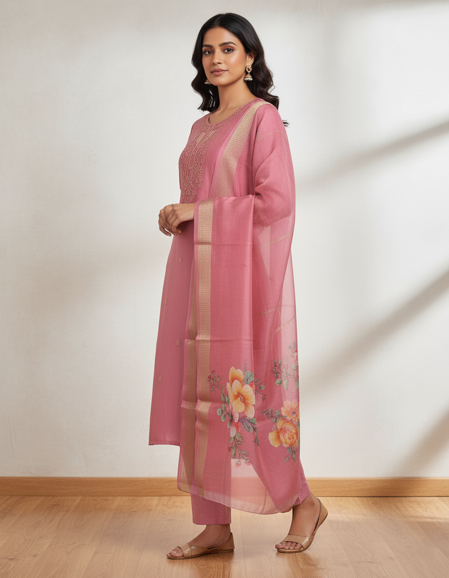 Embroidered Pure Vichitra Silk Premium Designer Suit - Rose