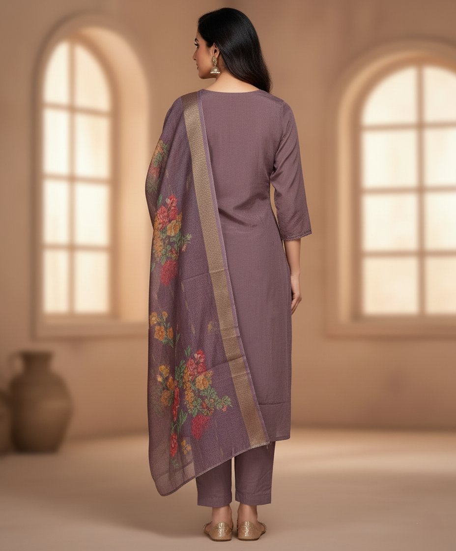 Embroidered Pure Vichitra Silk Premium Designer Suit - Rosy Mauve