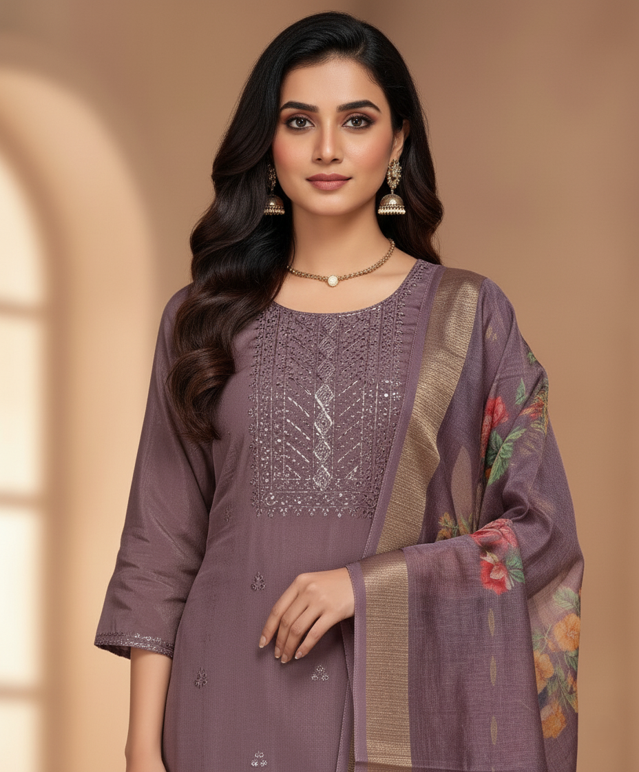 Embroidered Pure Vichitra Silk Premium Designer Suit - Rosy Mauve