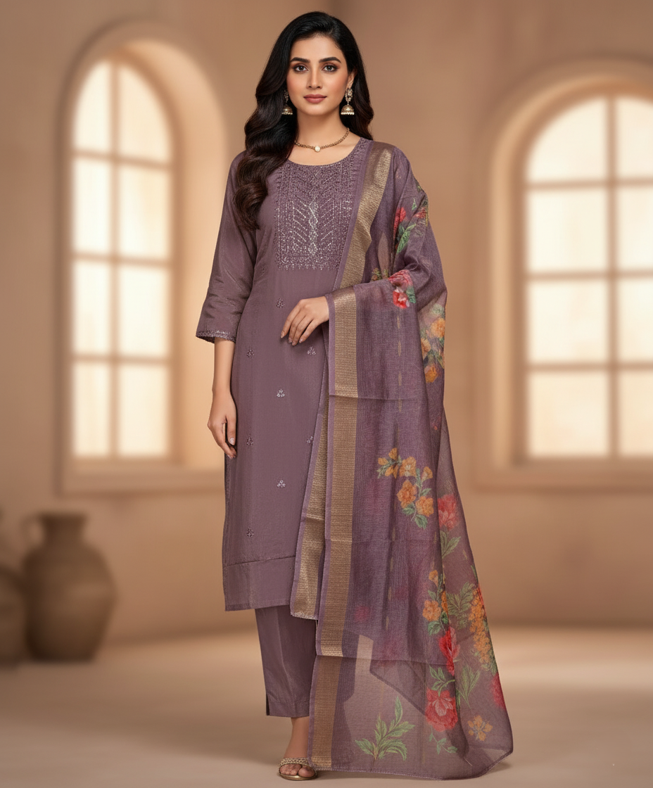Embroidered Pure Vichitra Silk Premium Designer Suit - Rosy Mauve