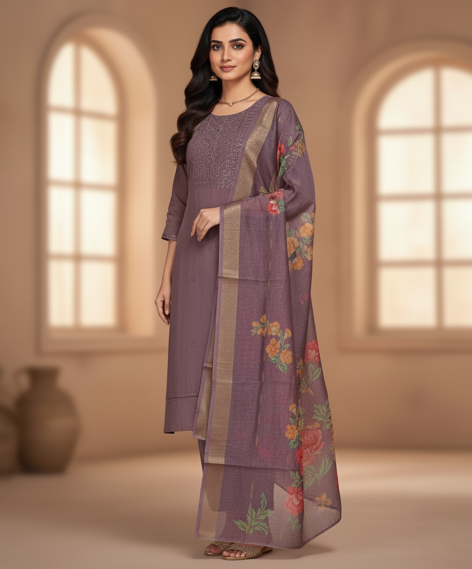 Embroidered Pure Vichitra Silk Premium Designer Suit - Rosy Mauve