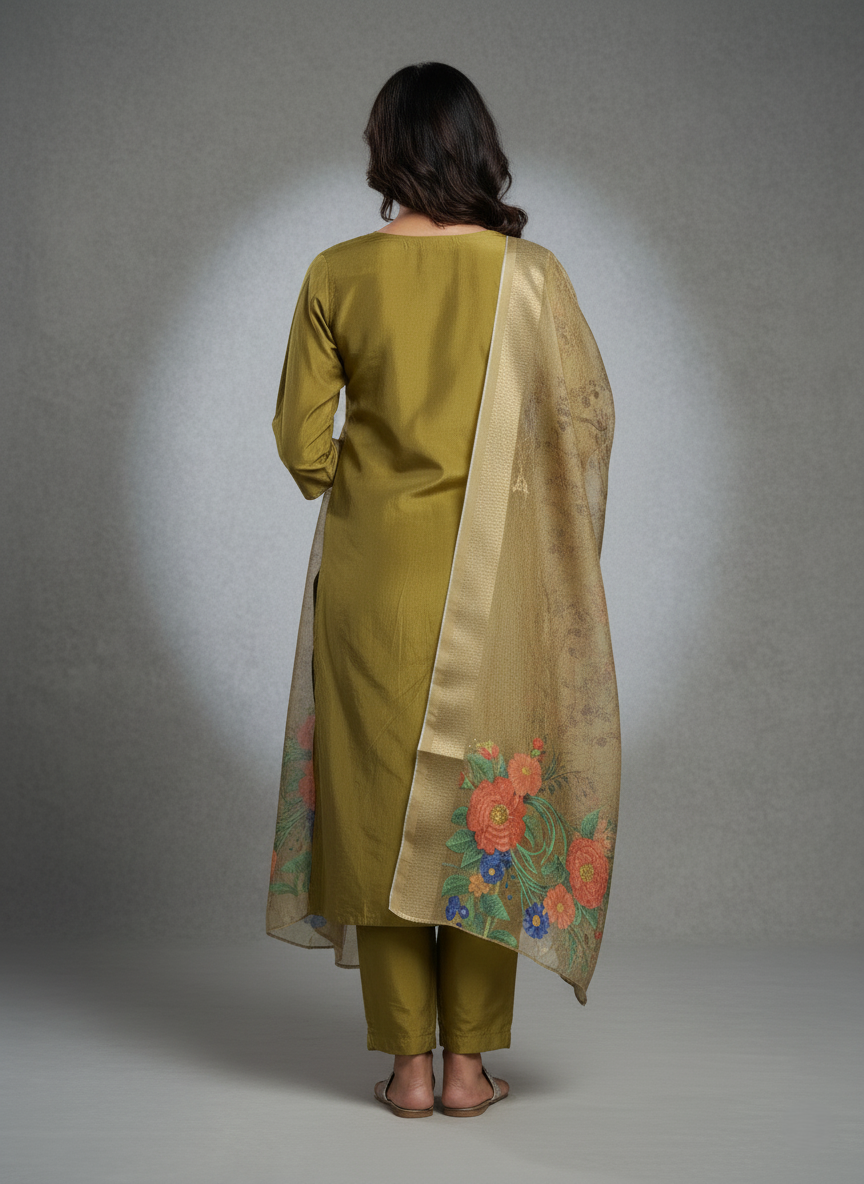 Embroidered Pure Vichitra Silk Premium Designer Suit - Dark Olive