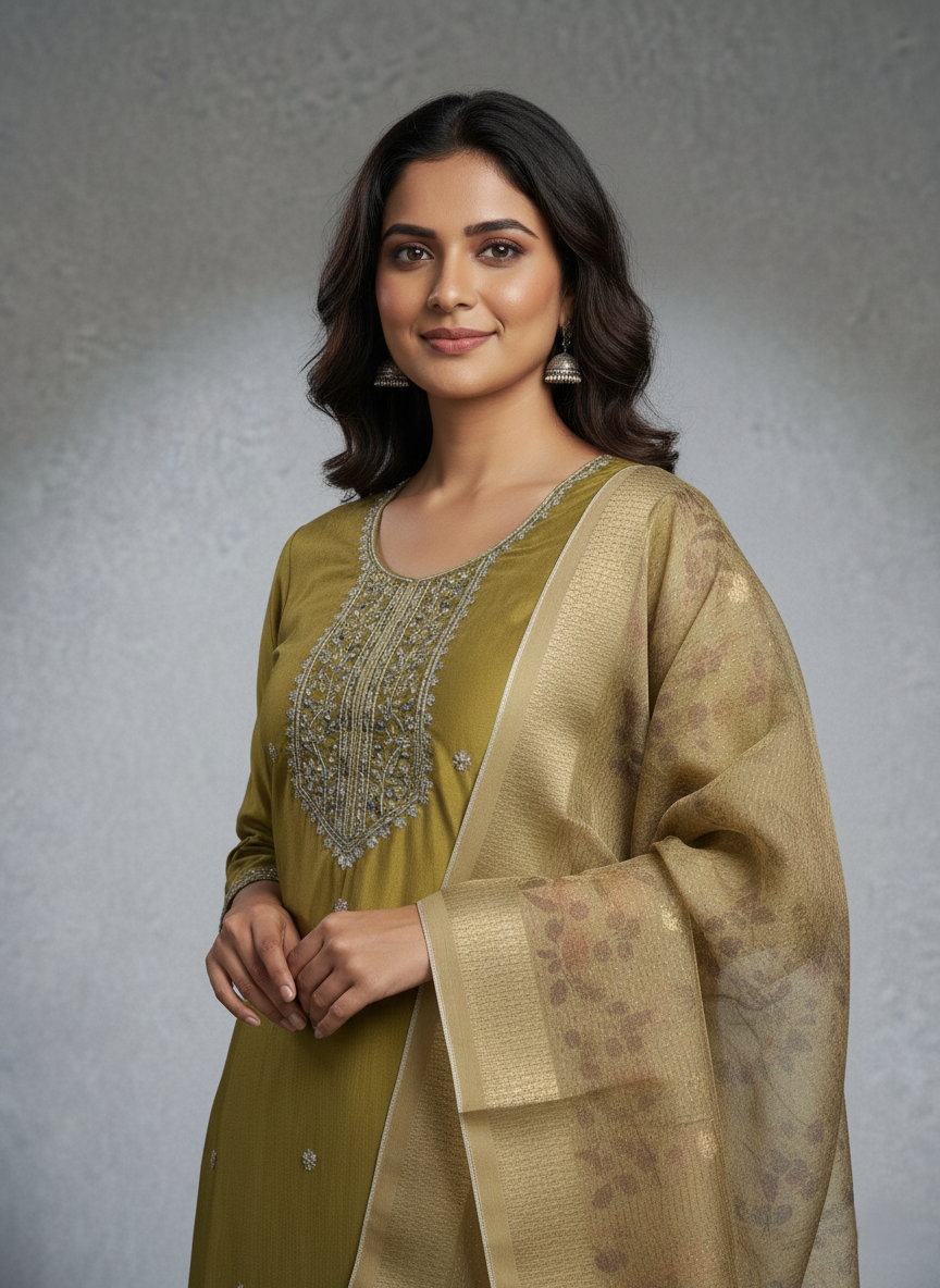 Embroidered Pure Vichitra Silk Premium Designer Suit - Dark Olive