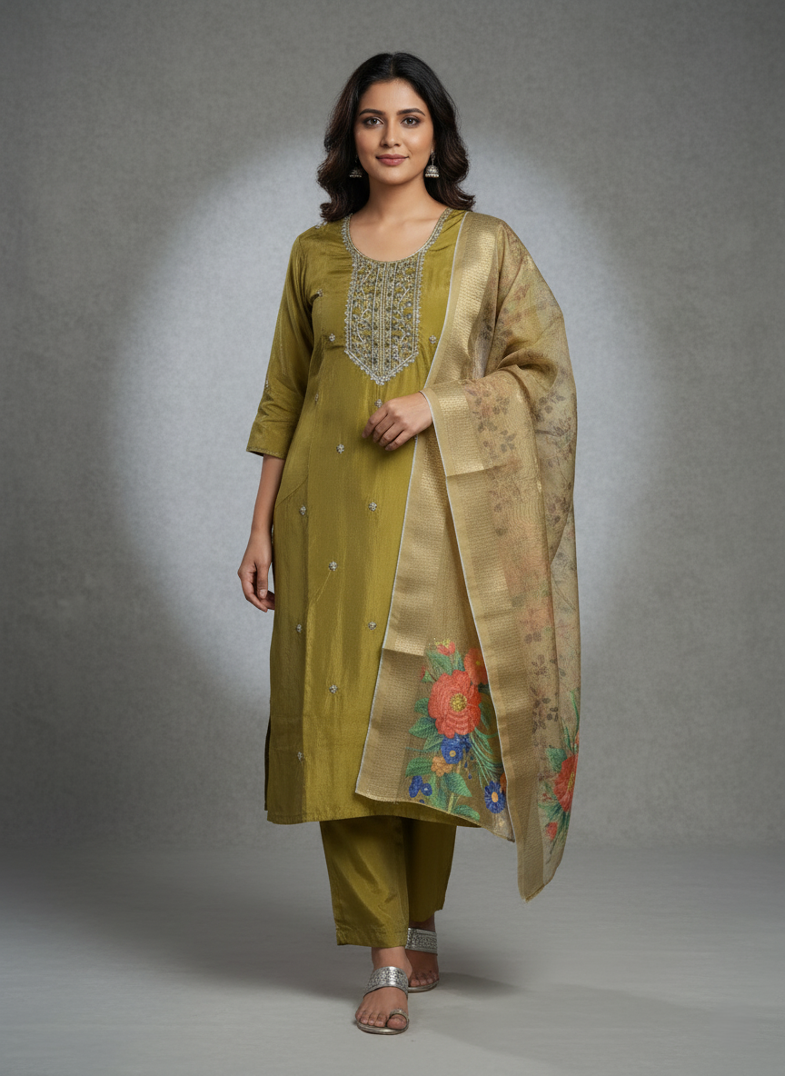 Embroidered Pure Vichitra Silk Premium Designer Suit - Dark Olive