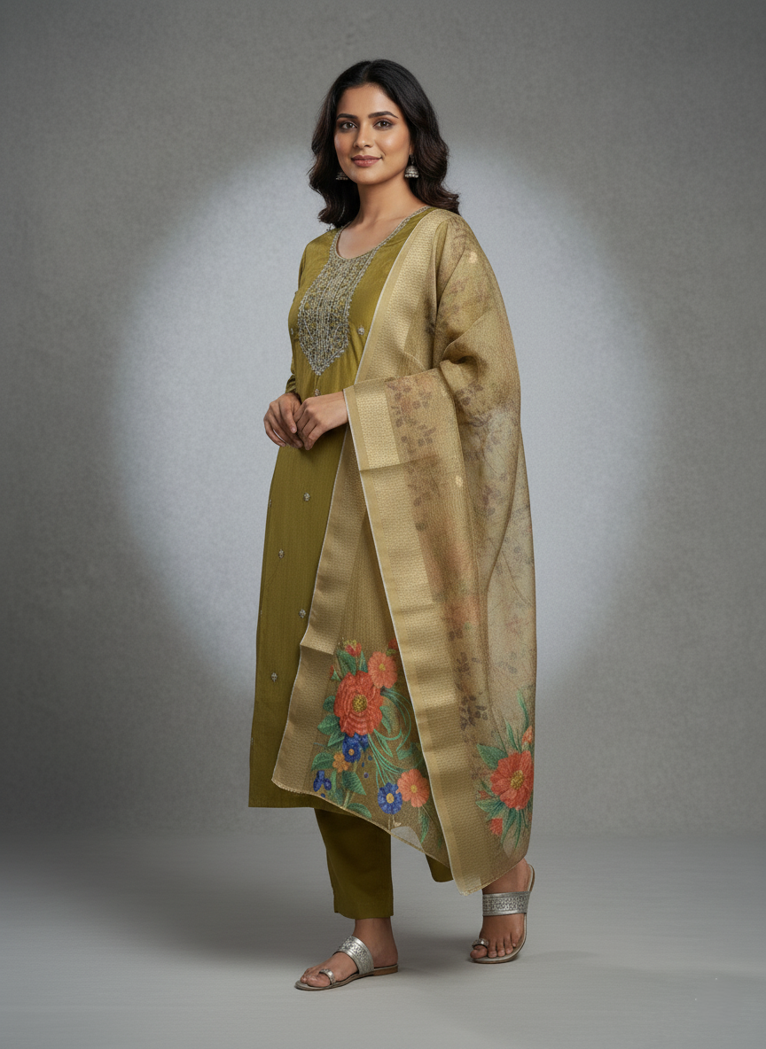 Embroidered Pure Vichitra Silk Premium Designer Suit - Dark Olive