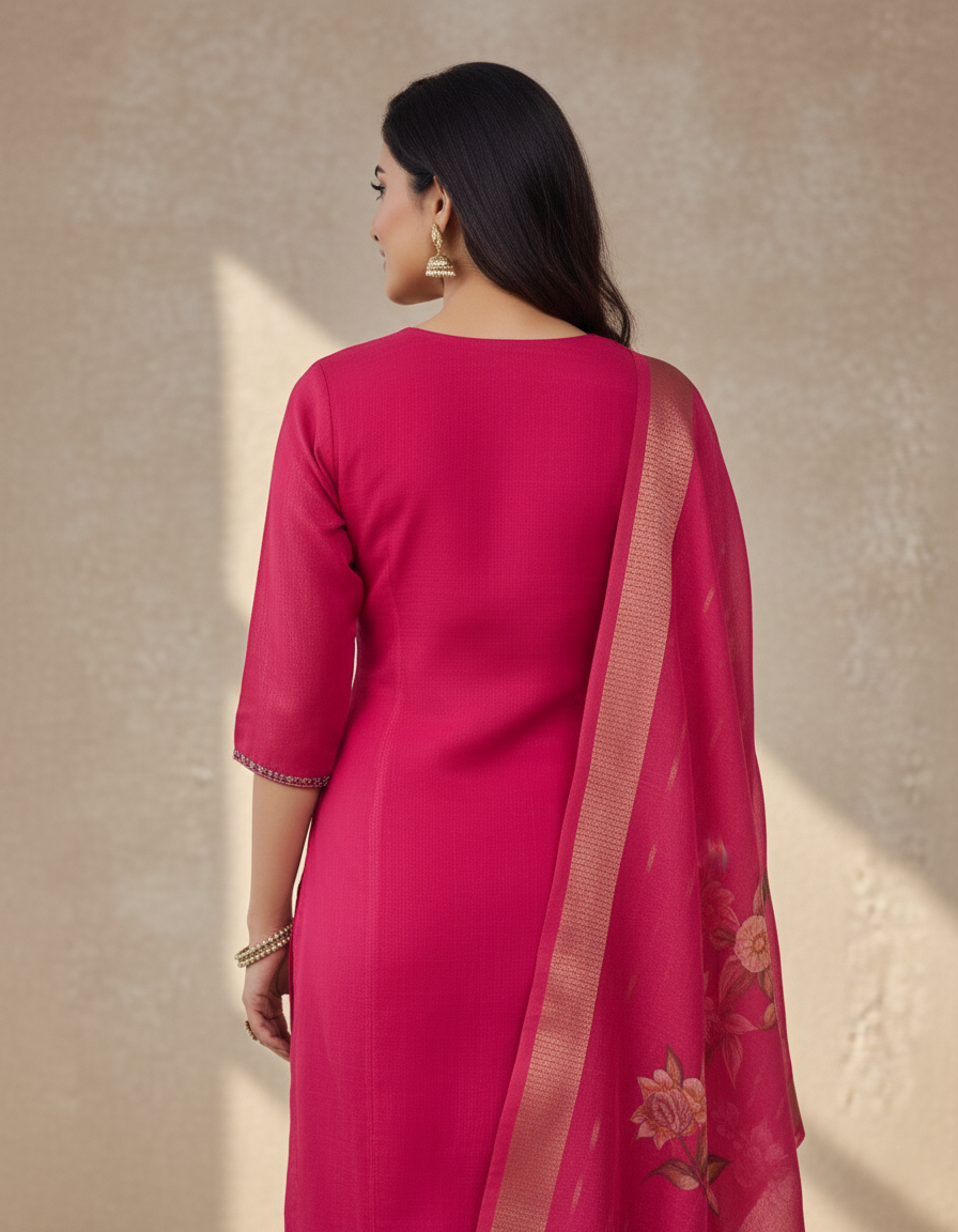 Embroidered Pure Vichitra Silk Premium Designer Suit - Pink