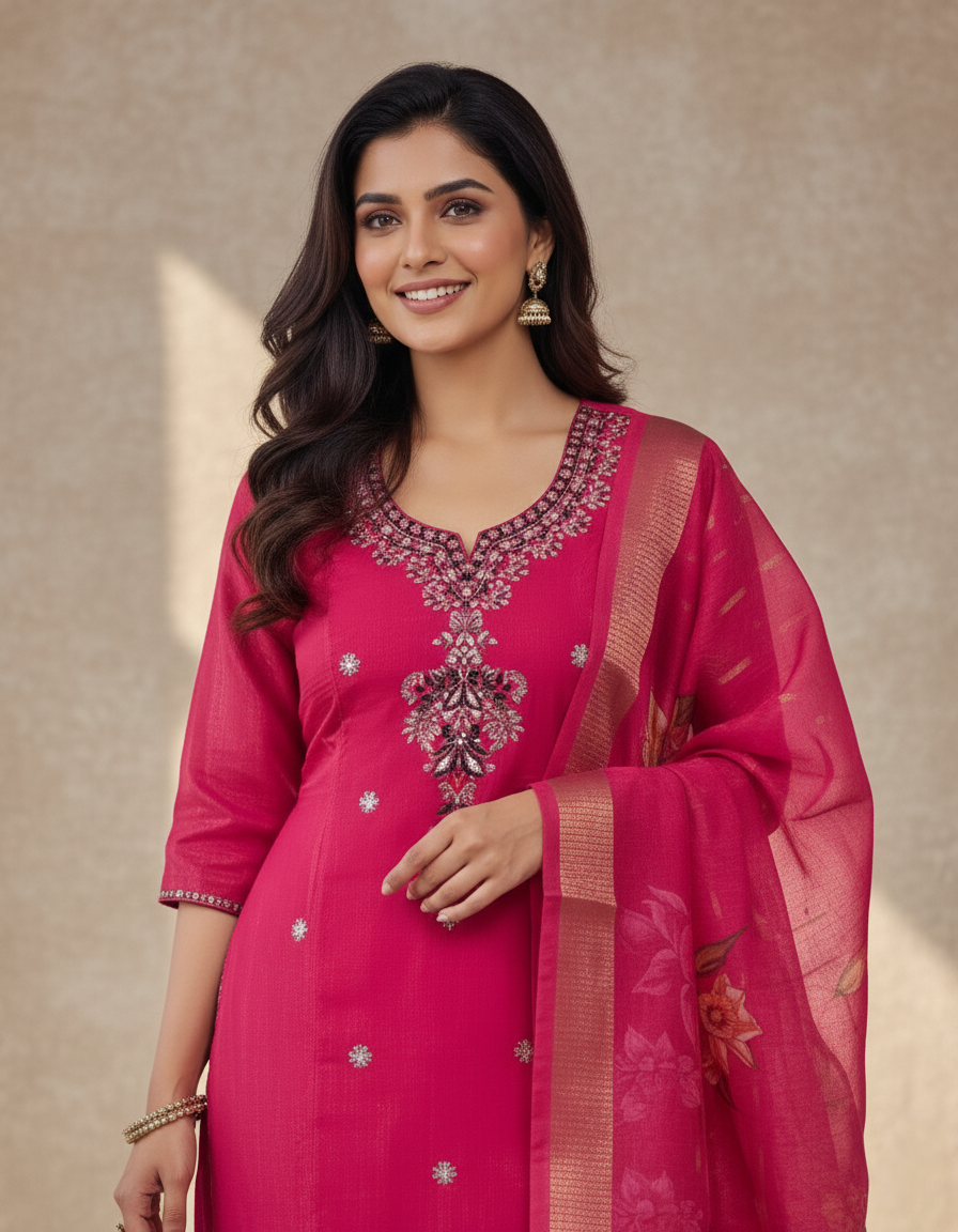 Embroidered Pure Vichitra Silk Premium Designer Suit - Pink