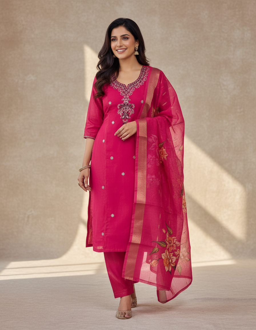 Embroidered Pure Vichitra Silk Premium Designer Suit - Pink