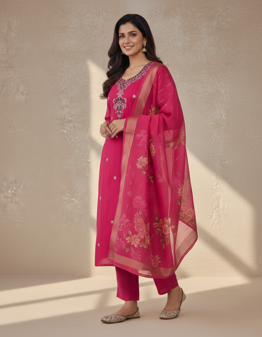 Embroidered Pure Vichitra Silk Premium Designer Suit - Pink