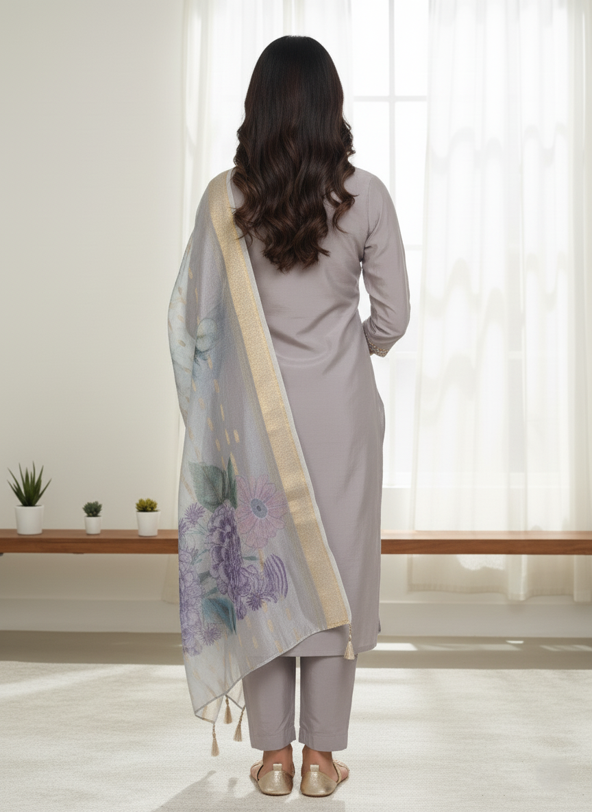 Pure Chinon Georgette Designer Silk, Floral Embroidered, Handcrafted Zari Work Suit - Grey