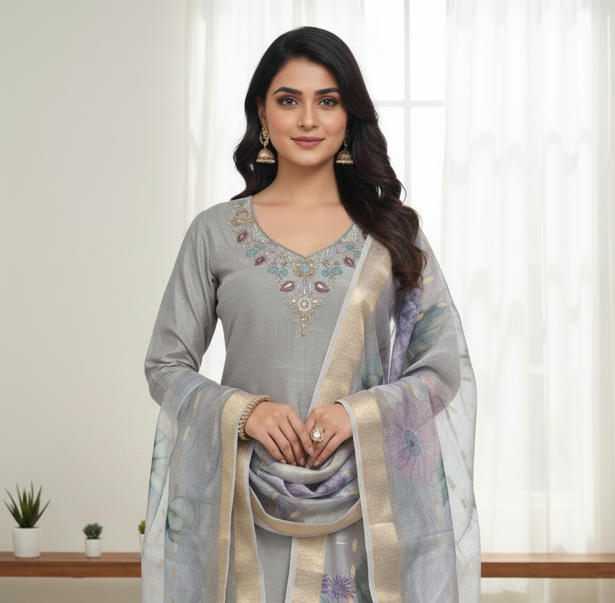 Pure Chinon Georgette Designer Silk, Floral Embroidered, Handcrafted Zari Work Suit - Grey