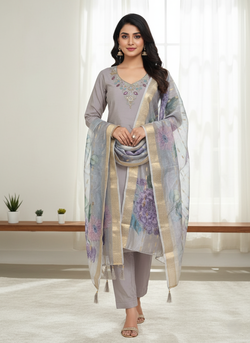 Pure Chinon Georgette Designer Silk, Floral Embroidered, Handcrafted Zari Work Suit - Grey