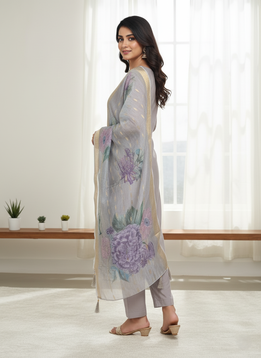 Pure Chinon Georgette Designer Silk, Floral Embroidered, Handcrafted Zari Work Suit - Grey