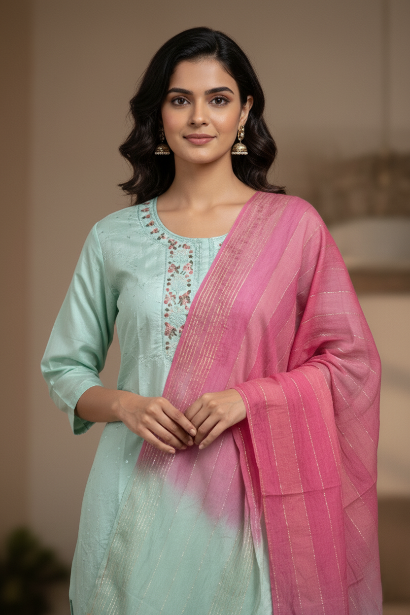 Viscose Designer Sequin Work Embroidered Suit - Mint Green