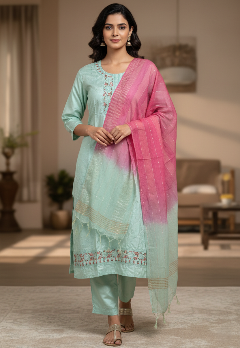 Viscose Designer Sequin Work Embroidered Suit - Mint Green