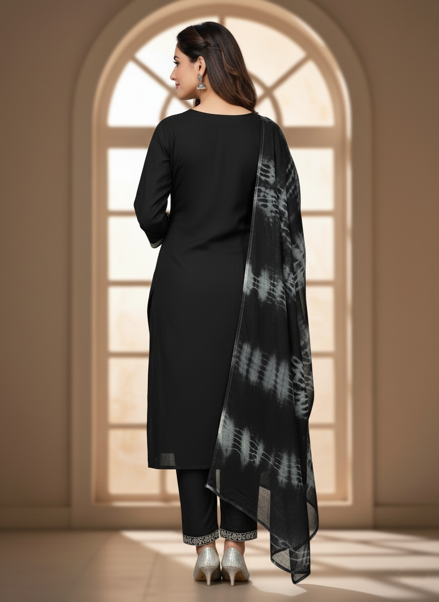 Pure Rayon Lawn Cotton Thread-work Designer Suit - Black