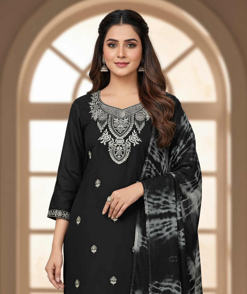 Pure Rayon Lawn Cotton Thread-work Designer Suit - Black