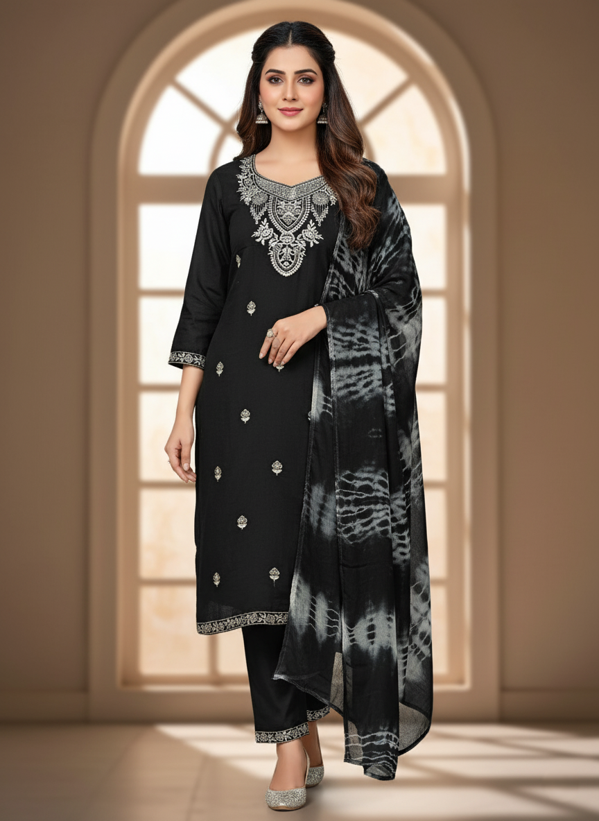 Pure Rayon Lawn Cotton Thread-work Designer Suit - Black