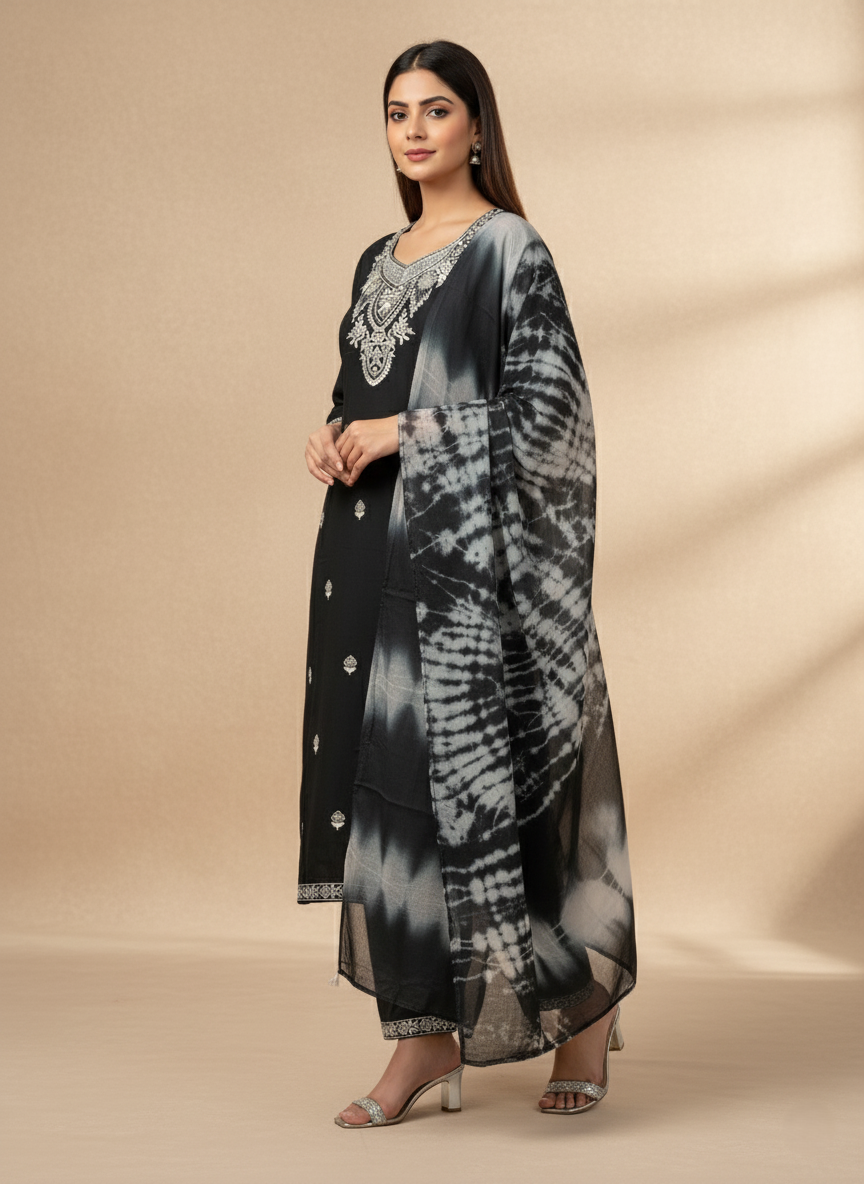 Pure Rayon Lawn Cotton Thread-work Designer Suit - Black