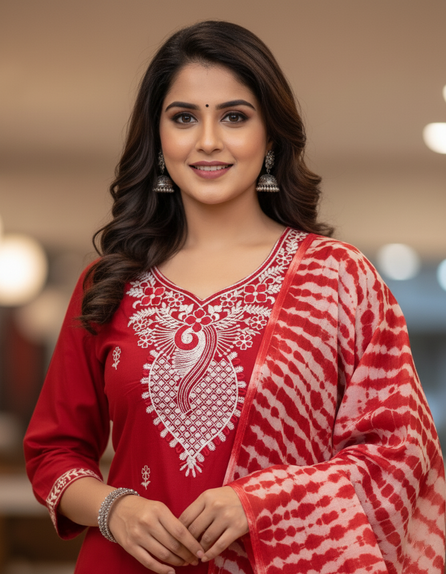 Pure Rayon Lawn Cotton Thread-work Designer Suit - Red