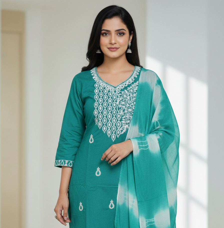 Pure Rayon Lawn Cotton Thread-work Designer Suit - Green