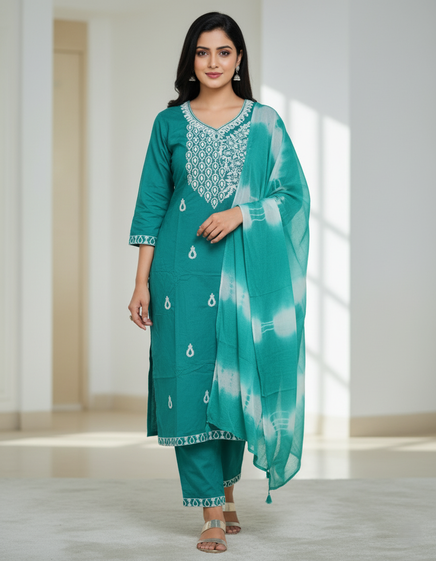 Pure Rayon Lawn Cotton Thread-work Designer Suit - Green