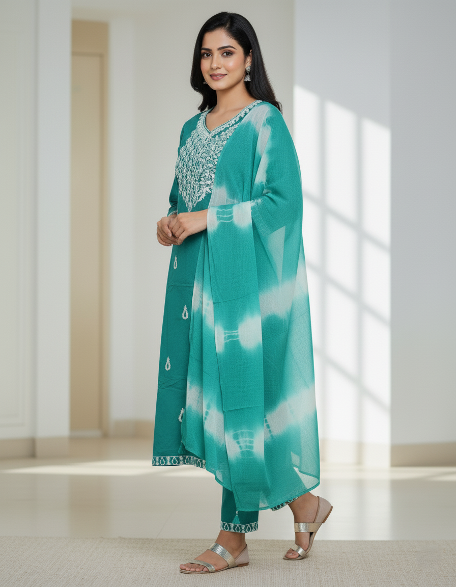 Pure Rayon Lawn Cotton Thread-work Designer Suit - Green