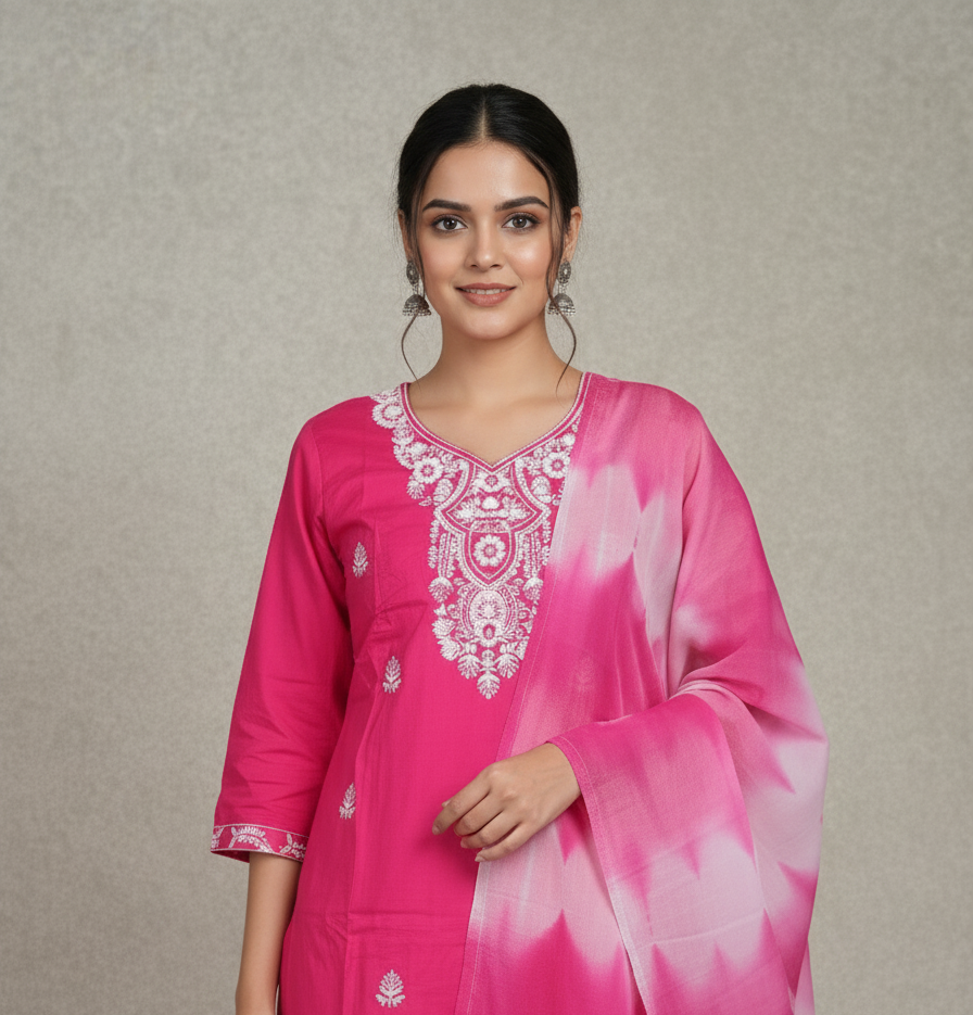 Pure Rayon Lawn Cotton Thread-work Designer Suit - Pink