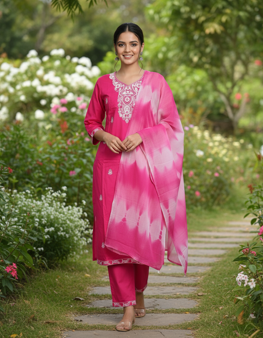 Pure Rayon Lawn Cotton Thread-work Designer Suit - Pink
