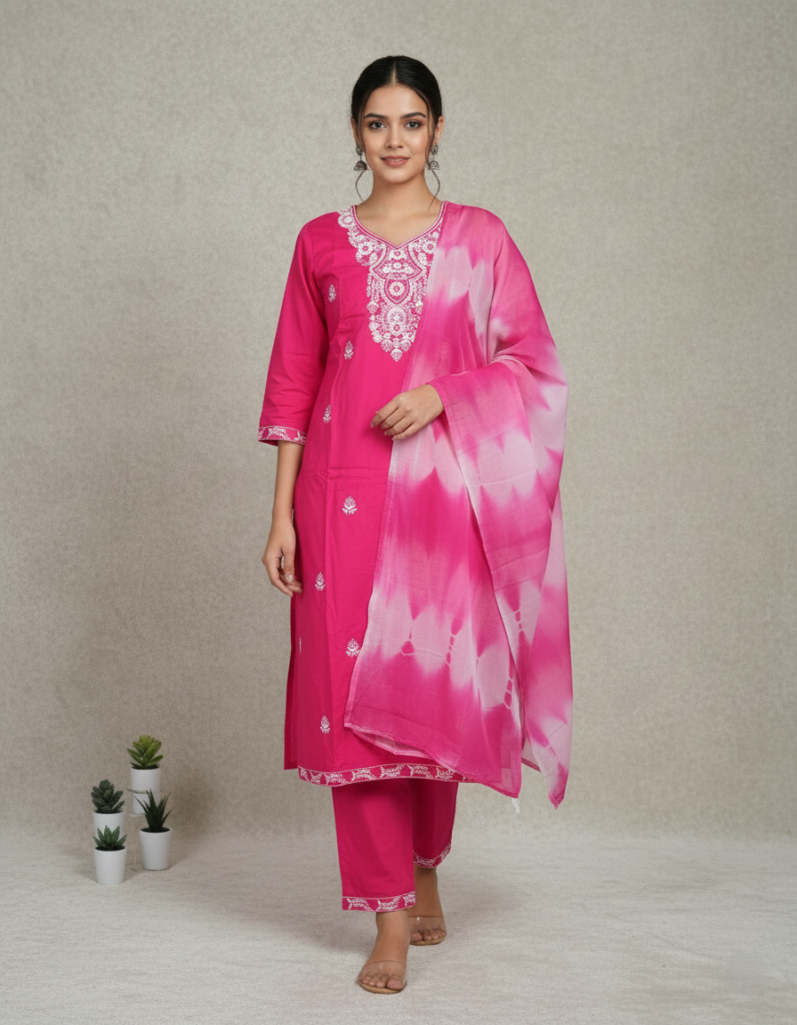 Pure Rayon Lawn Cotton Thread-work Designer Suit - Pink